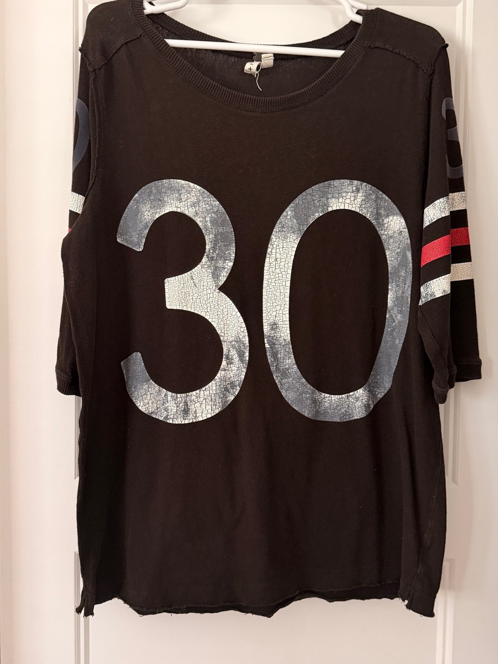 Free People Black Short-Sleeve Tee with Silver '30' Graphic and Red Stripe
